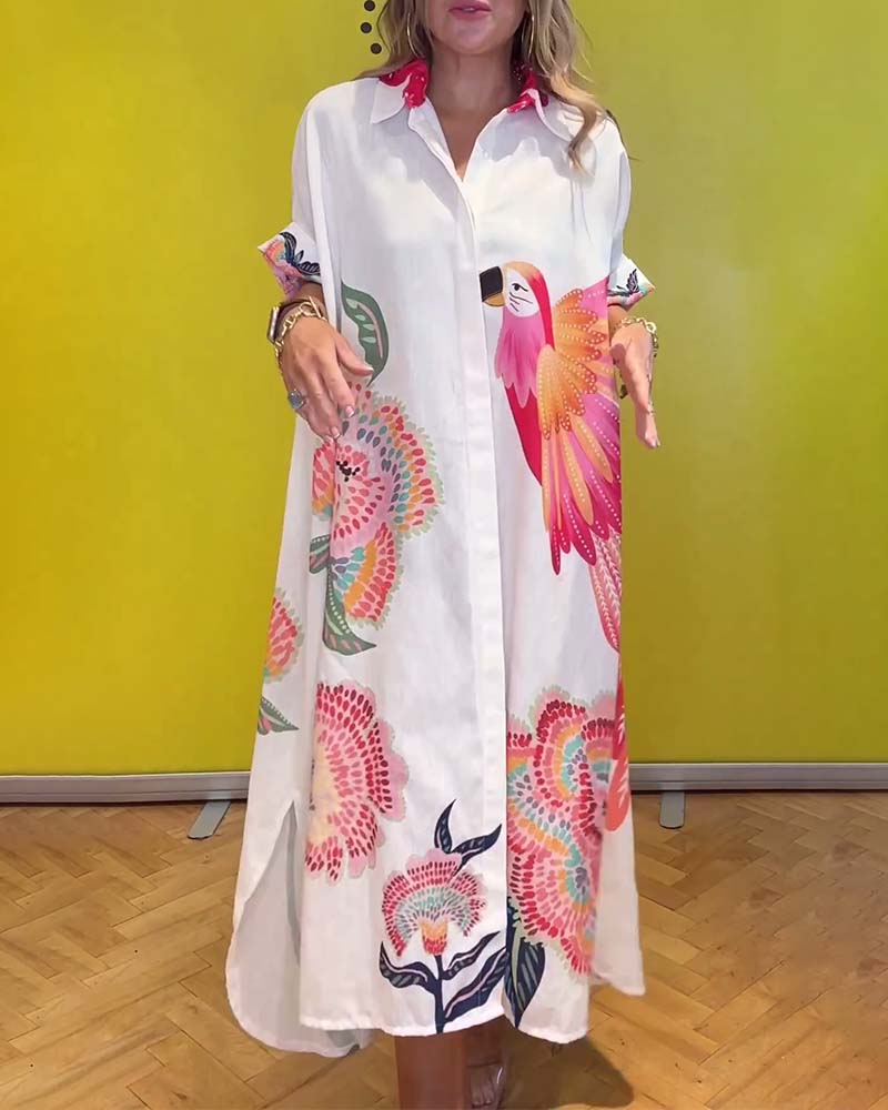 Long printed dress with lapels