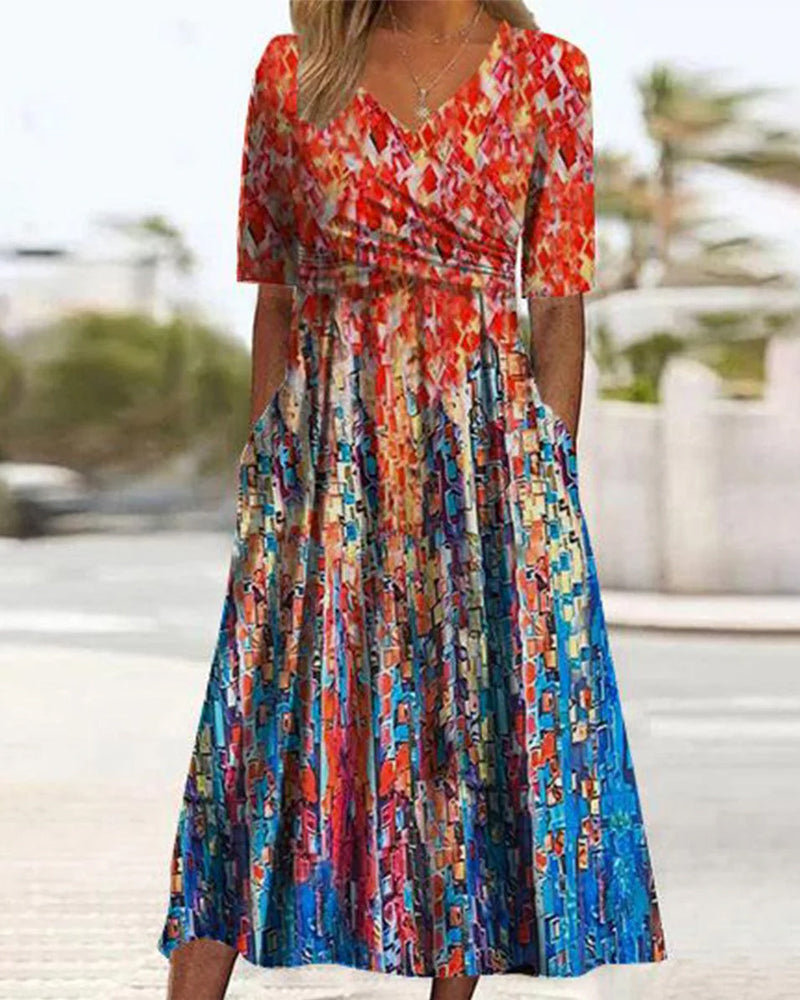 V-neck pocket printed resort dress