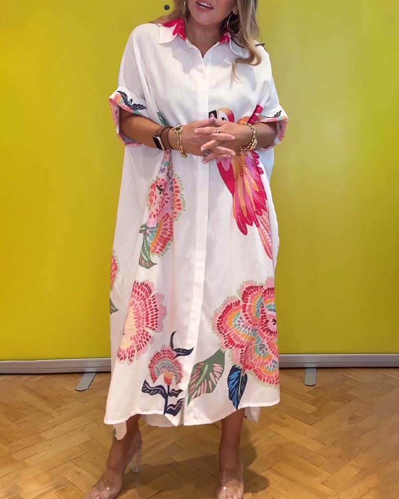 Long printed dress with lapels