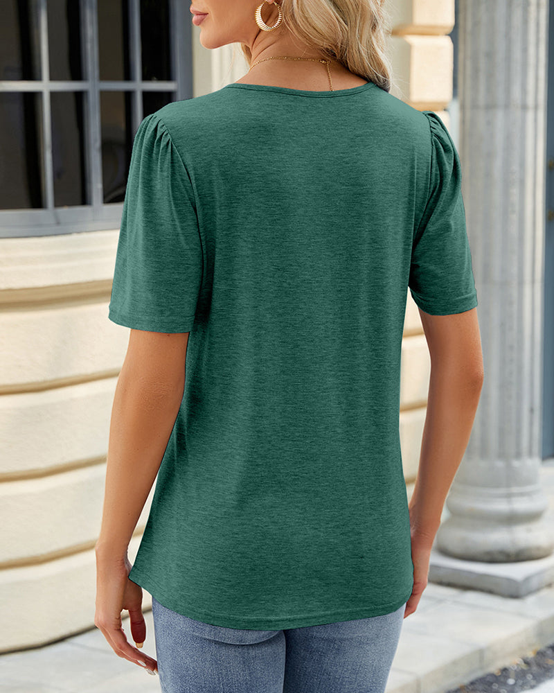 Solid Color U Neck Ruched T Shirt