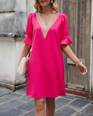 V-neck lace puff sleeve dress