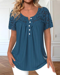 Buttoned short-sleeved lace top