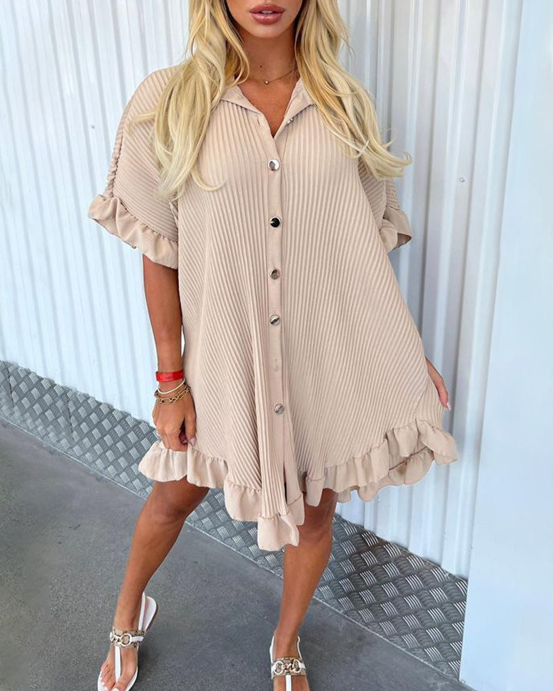 Ruffled sleeve solid color shirt dress