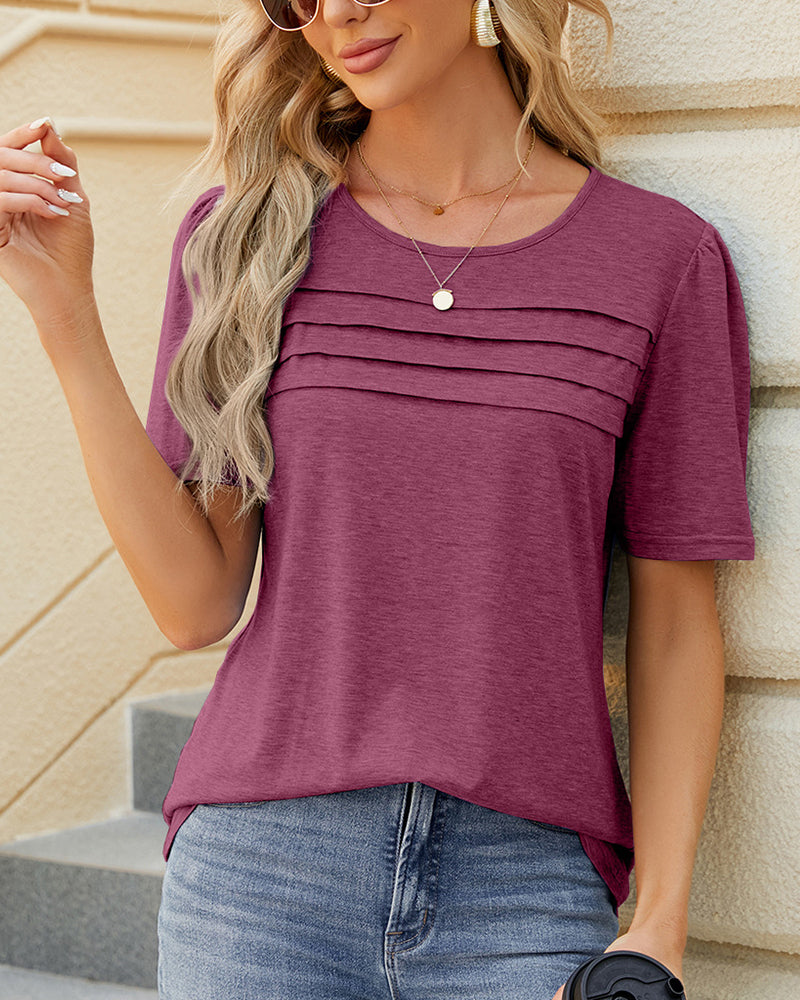 Solid Color U Neck Ruched T Shirt