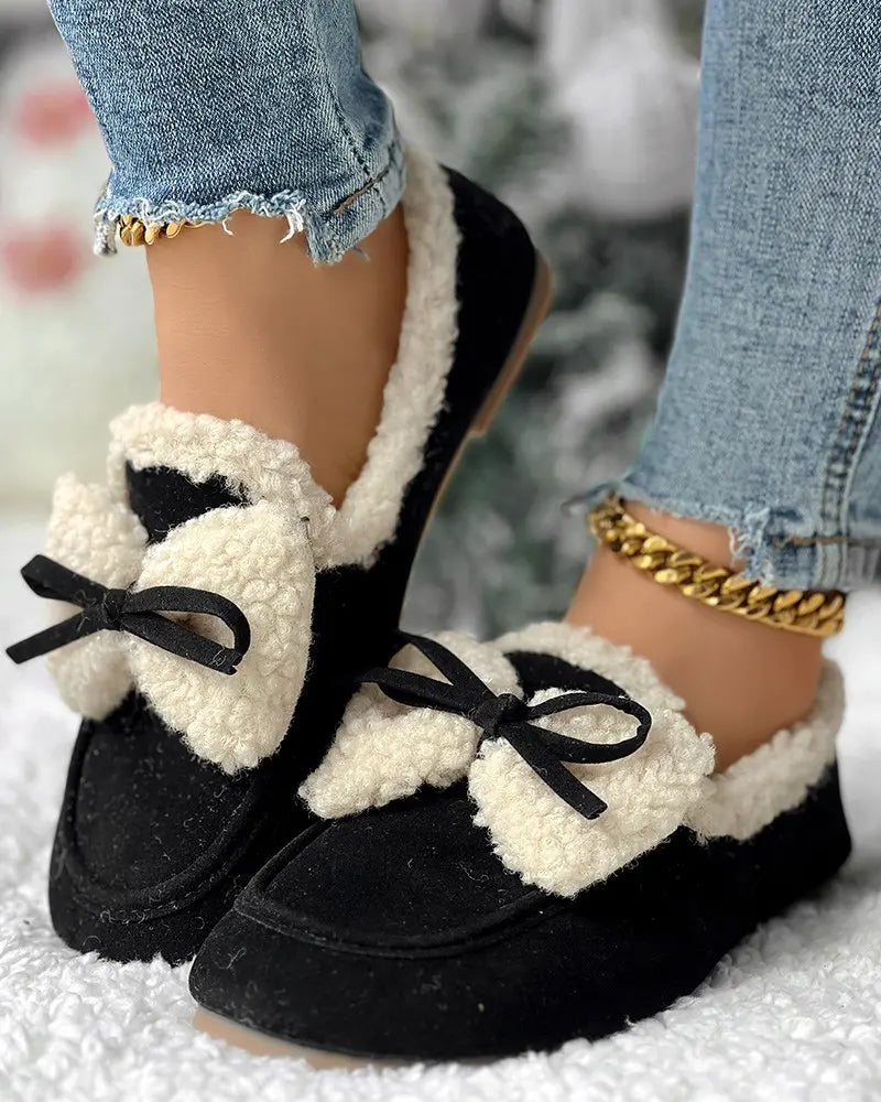 Bow-knot velvet warm flats