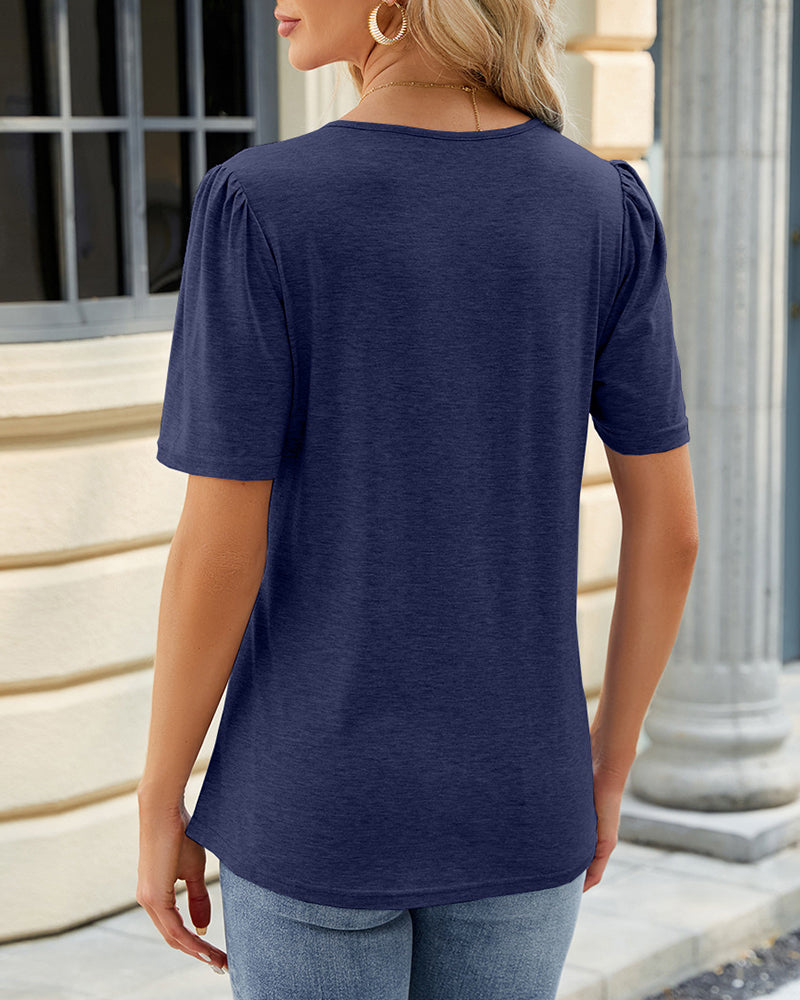 Solid Color U Neck Ruched T Shirt